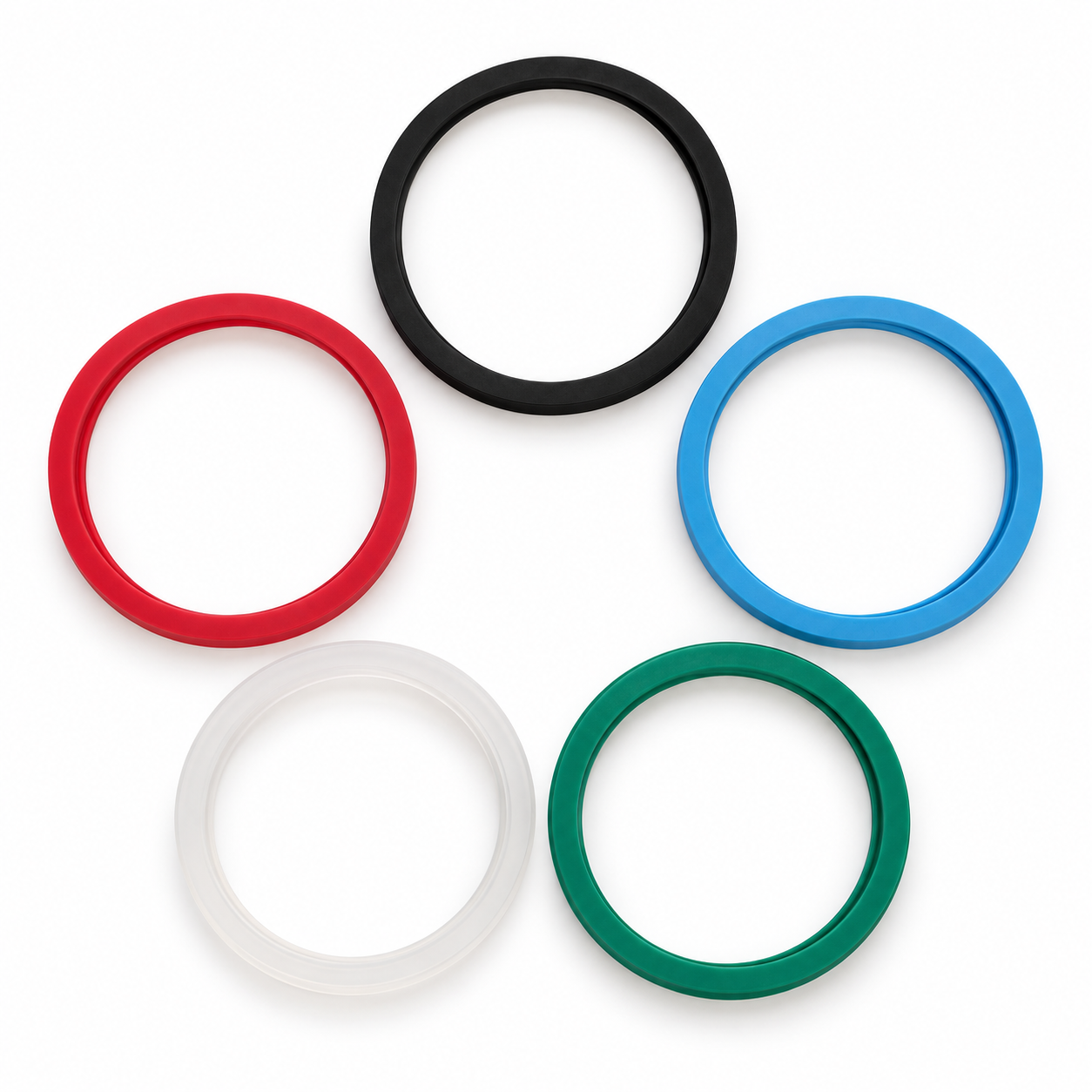 Cinco aros moldeados: negro, rojo, azul, blanco translúcido y verde