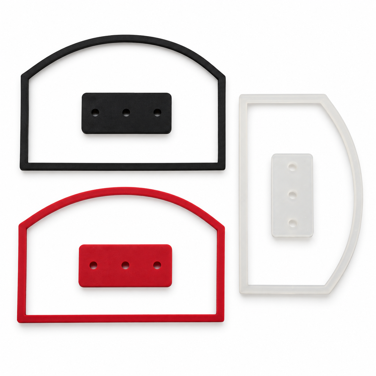Tres juntas de contorno curvo y tres piezas rectangulares perforadas en negro, rojo y blanco